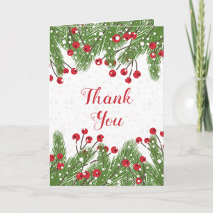 Red berries, pine, snow Christmas Thank You Card