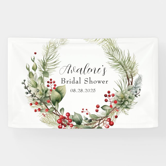 Red Berries Pine Wreath Bridal Shower Banner (Horizontal)