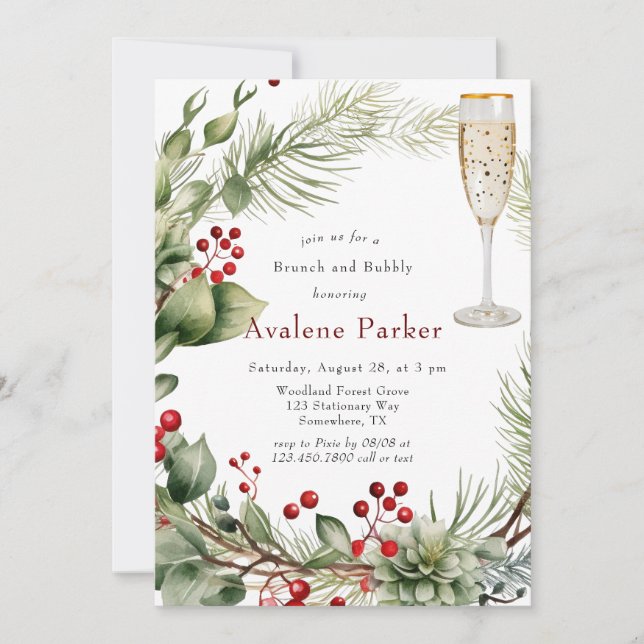 Red Berries Pine Wreath Brunch and Bubbly Invitation (Front)