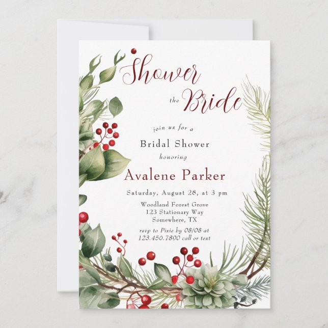 Red Berries Pine Wreath Shower The Bride Invitation (Front)