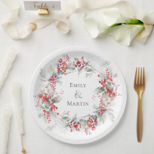 Red Berries Poinsettias Wreath Christmas Wedding Paper Plate