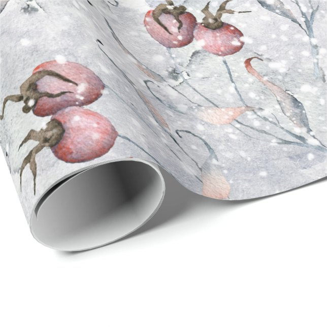 Red Berries Snow scene with leaves, winter Wrapping Paper (Roll Corner)
