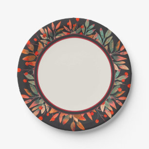 Red Berries & Teal Leaves Dark Paper Plate