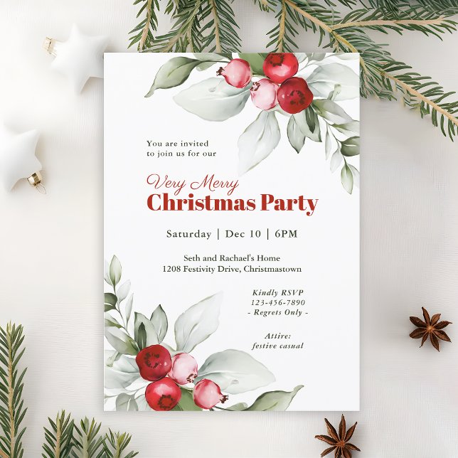 Red Berries Very Merry Christmas Party Invitation (Available in both printed and instant download digital formats.)