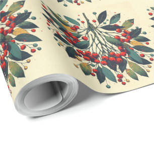 Red berries Vintage Mistletoe Branch Wrapping Paper