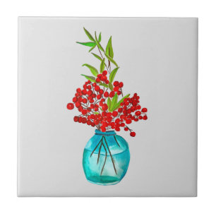 Red Berries watercolor art Ceramic Tile