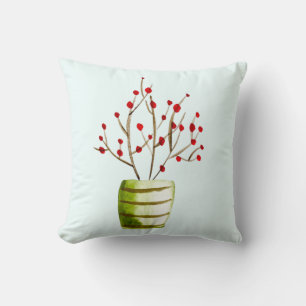 Red Berries watercolor Christmas Cushion