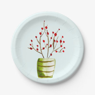 Red Berries watercolor Christmas Paper Plate