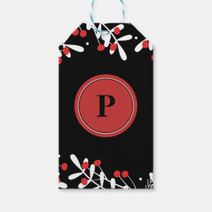 Red Berries & White Leaves Black Holiday Favour Gift Tags