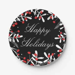 Red Berries & White Leaves Black Holiday Party Paper Plate