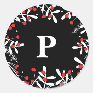 Red Berries & White Leaves Rustic Black Holiday Classic Round Sticker