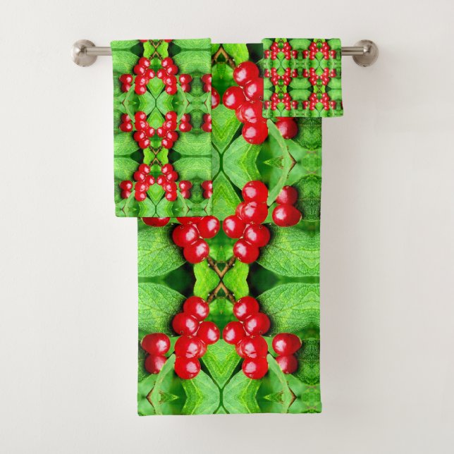 Red Berries With Raindrops Abstract Nature Bath Towel Set (Insitu)
