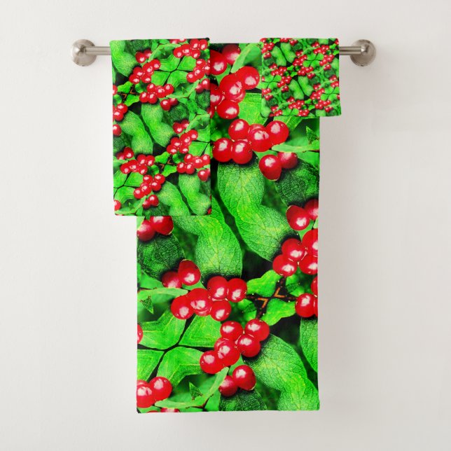 Red Berries With Raindrops Abstract Nature Pattern Bath Towel Set (Insitu)