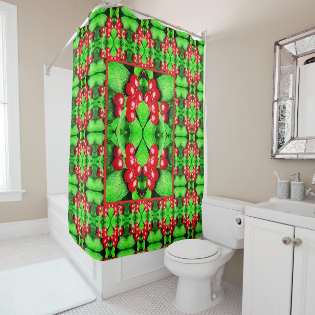 Red Berries With Raindrops Abstract Nature Pattern Shower Curtain (In Situ)
