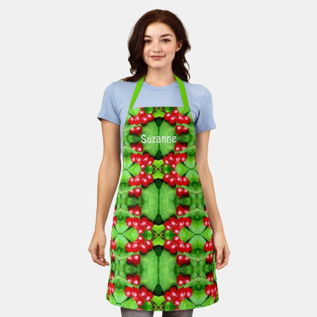 Red Berries With Raindrops Personalised     Apron (Worn)