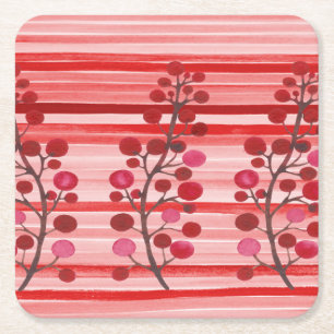 Red Berries with Stripes Square Paper Coaster