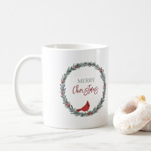 Red Berries Wreath and Red Cardinal Christmas Coffee Mug