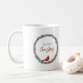 Red Berries Wreath and Red Cardinal Christmas  Coffee Mug