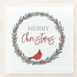 Red Berries Wreath and Red Cardinal Christmas  Glass Coaster