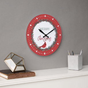 Red Berries Wreath and Red Cardinal Christmas  Large Clock