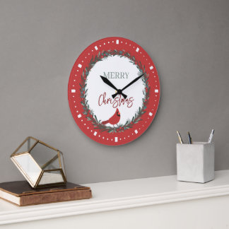 Red Berries Wreath and Red Cardinal Christmas  Large Clock