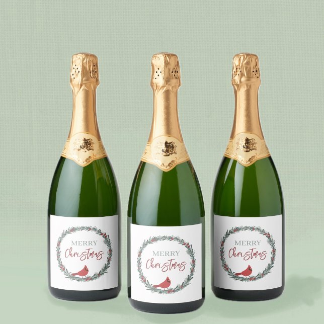 Red Berries Wreath and Red Cardinal Christmas  Sparkling Wine Label (Creator Uploaded)