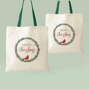 Red Berries Wreath and Red Cardinal Christmas Tote Bag