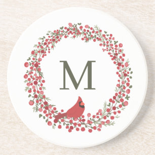 Red Berries Wreath and Red Cardinal Monogram  Coaster