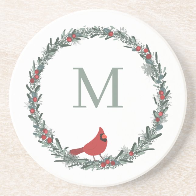 Red Berries Wreath and Red Cardinal Monogram  Coaster (Front)