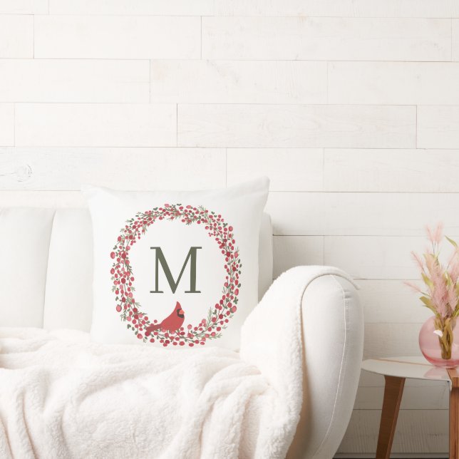 Red Berries Wreath and Red Cardinal Monogram  Cushion (Couch)