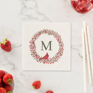 Red Berries Wreath and Red Cardinal Monogram  Napkin