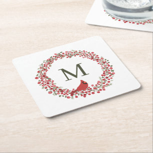 Red Berries Wreath and Red Cardinal Monogram  Square Paper Coaster