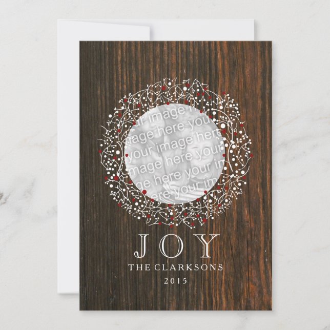 Red Berries Wreath + Barn Wood Christmas Holiday Card (Front)