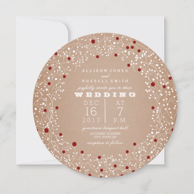 Red Berries Wreath Round Christmas Wedding Invitation (Front)