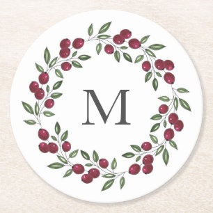Red Berries Wreath Round Paper Coaster