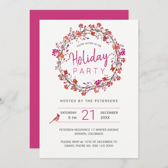 Red berries wreath winter Christmas Holiday Party Invitation (Front/Back)