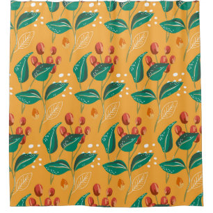 Red berry and green leaves on yellow pattern shower curtain