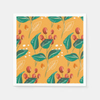 Red berry and green leaves pattern on yellow 