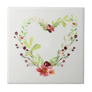 Red Berry and Vine Heart Custom Colour Ceramic Tile