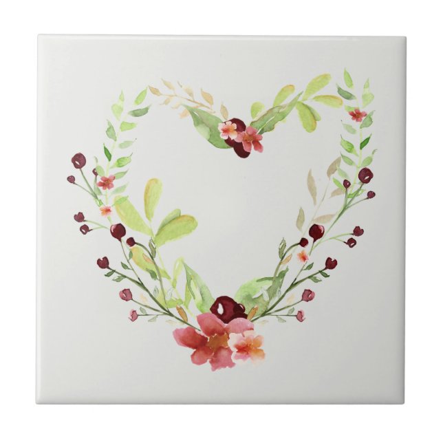 Red Berry and Vine Heart Custom Colour Ceramic Tile (Front)