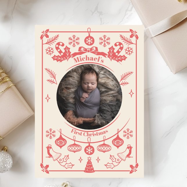 Red Berry Baby Boy First Christmas Holiday Card (Creator Uploaded)