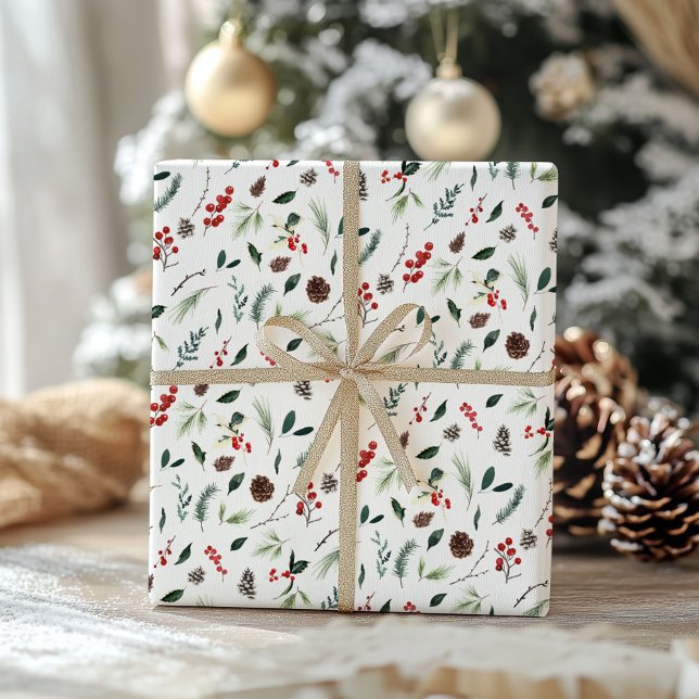 Red Berry Botanical Watercolor Christmas Pattern Wrapping Paper Sheet (Creator Uploaded)