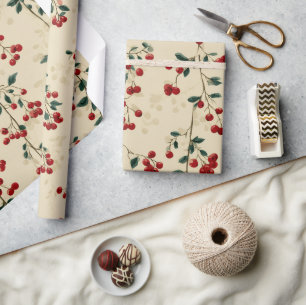 Red Berry Branch Wrapping Paper Elegant Botanica