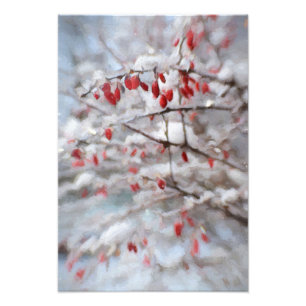 Red Berry Bush in Winter Painting Photo Print