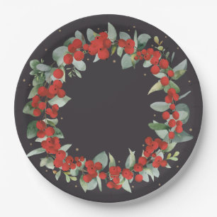 Red Berry Christmas Wreath Holiday Party Paper Plate