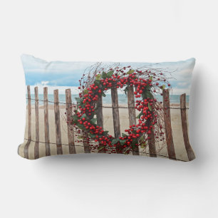 red berry Christmas wreath on fence Lumbar Cushion