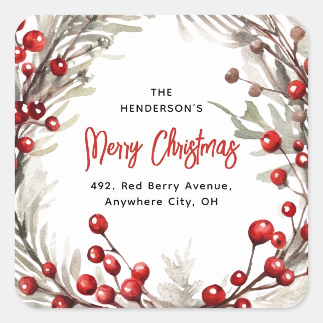 Red Berry Christmas Wreath Return Address  Square Sticker (Front)