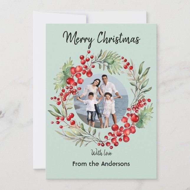  Red Berry Christmas Wreath Winter Green Greeting Holiday Card (Front)