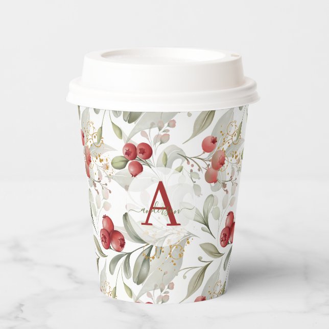 Red Berry Cranberry Branches Monogrammed Christmas Paper Cups (Front)