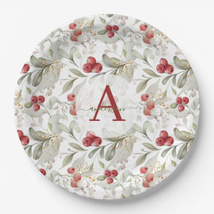 Red Berry Cranberry Branches Monogrammed Christmas Paper Plate